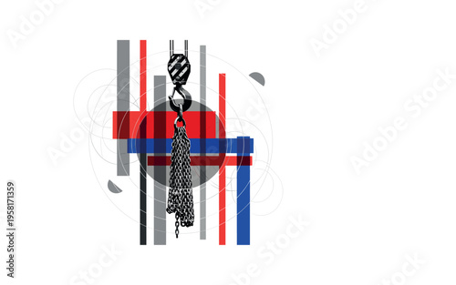 crane hook gripping hanging chain bundle attached to heavy materials, black and white industrial object layered with semicircle halos and long vertical