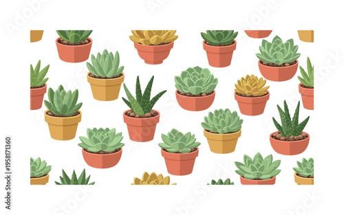miniature succulent collection seamless pattern, small potted succulents like echeveria and aloe with soil, pebbles and planters arranged in a repeating