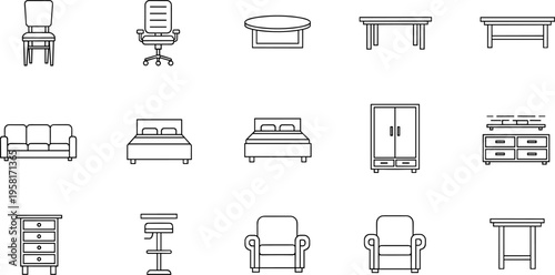 Collection of simple line art icons representing various furniture pieces for home and office