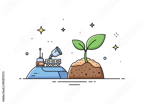 Terraforming experiment scene with a small research station on a distant planet while a plant sprout emerges from the soil. Subtle star icons reinforce the