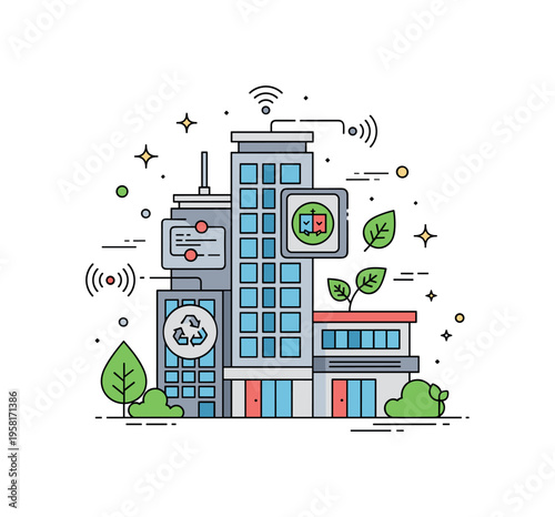 Smart green building technology contemporary building with digital control icons and leaf symbols suggesting automated energy management and sustainable