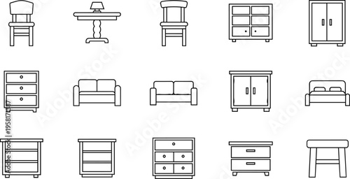Collection of simple line art icons representing various furniture pieces for home decor
