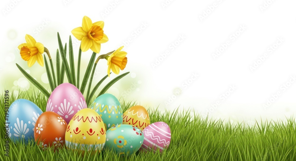 Fototapeta premium Easter Eggs in Grass. Colorful Easter eggs with daffodils in green grass on white background