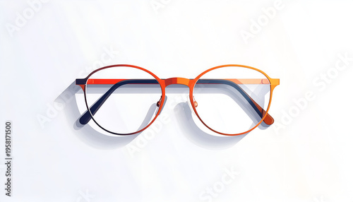 Round glasses with orange frame on white background casting soft shadow minimalist style