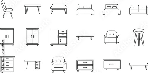 Collection of minimalist furniture icons in a clean line art style