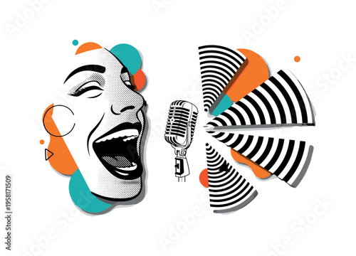 black-and-white retro face laughing into a microphone, stylized sound waves made from semicircles and lines expanding outward, orange and teal accent shapes