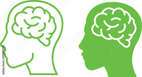 Green human head silhouettes with brain  mental health and wellness concept  thinking and intelligence  mind and psychology