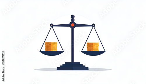 Scales balancing coins on each side in flat vector style on white studio backdrop