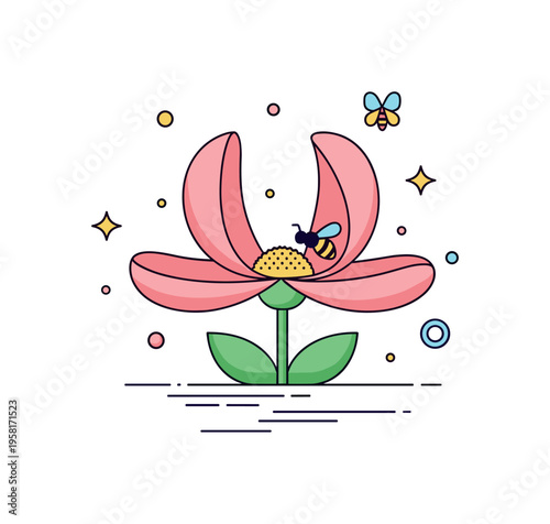 Flower petals guiding insects open petals forming a natural landing platform where a small bee approaches the pollen core. The illustration highlights how