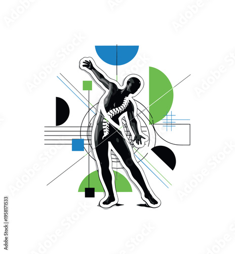 standing figure doing torso twist abstract semicircles lines and geometric blocks symbolizing spinal mobility and warm-up black and white retro human figure