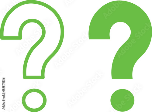 Green question mark symbols in different styles and outline isolated on transparent background for queries and confusion representation