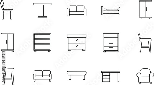 Collection of simple line art icons representing various furniture pieces for home and office