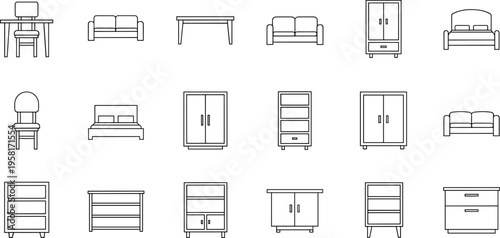 Collection of simple line art icons representing various furniture pieces for home interiors