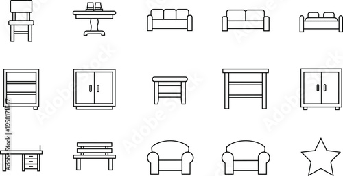 Collection of simple line art icons representing various furniture pieces and a star