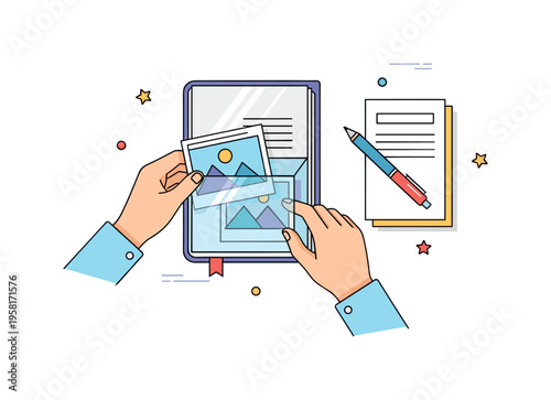 Creating a family photo book hands gently sliding a picture into a transparent sleeve while a simple pen rests nearby for captions. A clean editorial icon