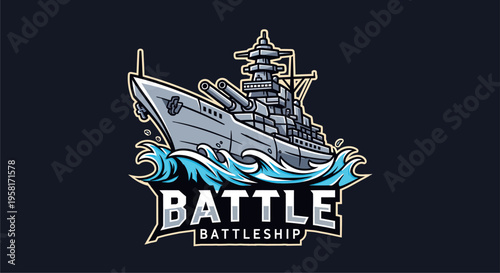 A dynamic cartoon illustration of a grey battleship sailing on blue waves, with 'BATTLE BATTLESHIP' text below, designed as a logo or emblem.