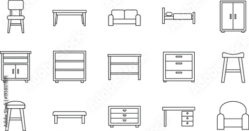 Collection of simple line art icons representing various furniture pieces for interior design