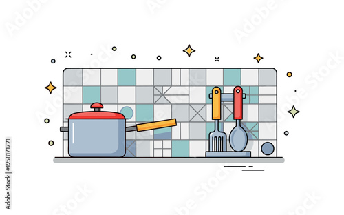 Backsplash tile wall design where a simple geometric tile pattern forms a stylish background behind a cooking pot and spoon holder. The scene reflects cozy