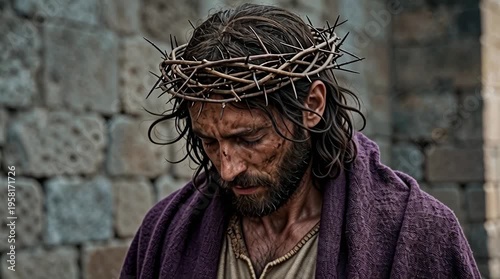Roman soldiers placing a crown of thorns on Jesus and a purple cloak