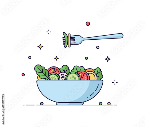 Quick salad dinner bowl filled with colorful vegetables and greens topped with a fork ready to eat. The scene communicates a light healthy weeknight meal