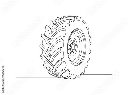Off-Road Tractor Tire. Minimalistic one-line drawing tractor wheel with heavy-duty treads designed for rough terrain, continuous single black line on white