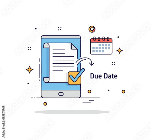 Digital invoice settlement concept centered on a paper bill icon transitioning into a checkmark inside a device screen. A small calendar symbol and ?Due Date?