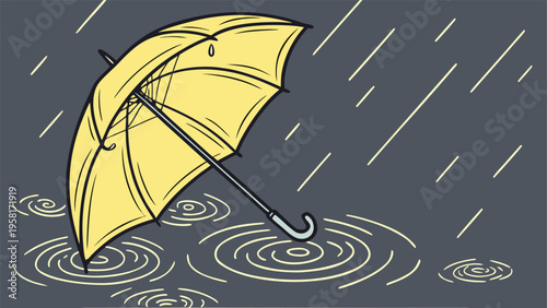 Yellow umbrella floating on rain puddles during a heavy storm in a minimalist flat vector illustration style for weather protection concepts.