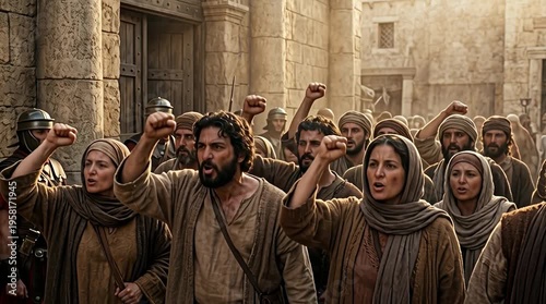 Angry crowd raising their fists demanding crucifixion in front of praetorium