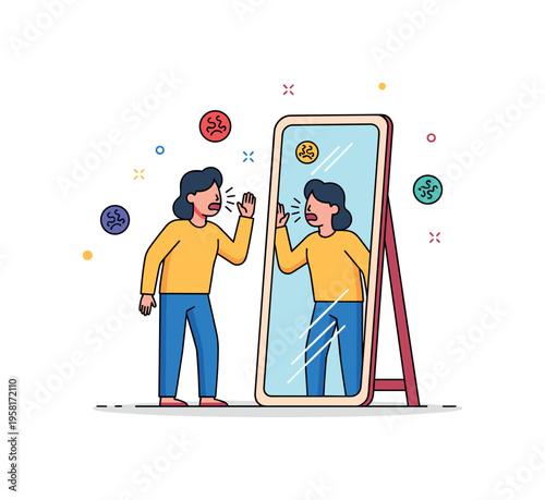 Emotional self conflict a person standing in front of a mirror raising their voice at their own reflection while small stress symbols float around the scene,