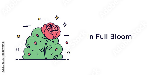 Rose garden bloom illustrated through a compact bush with one highlighted flower and minimal leaf accents. A subtle ?In Full Bloom? caption communicates