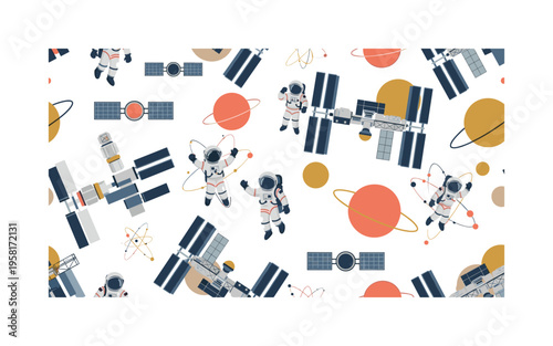 international space station style habitat seamless pattern, astronauts space station modules solar panels and orbit lines arranged in a repeating pattern,