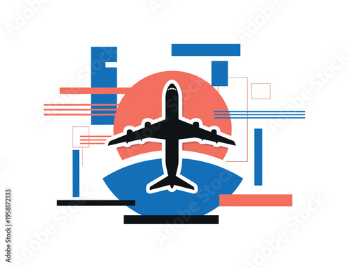 black and white airplane flying across abstract circular sun and horizon shapes symbolizing vacation travel, white outline cut-out effect, geometric lines and