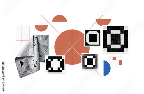 conceptual retro craft collage with a draped faded quilt edge and patchwork squares, black and white textile textures with white cut-out contour,