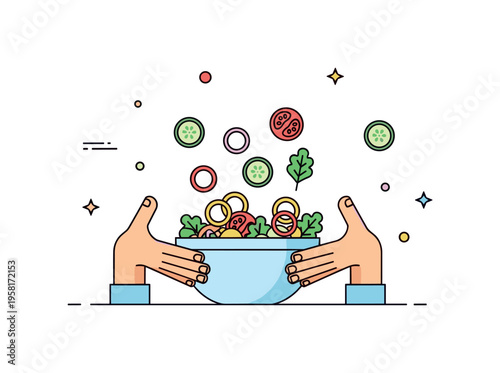 Fresh salad making moment with hands gently tossing colorful vegetables in a bowl while small slices of cucumber and tomato appear around the scene. Friendly