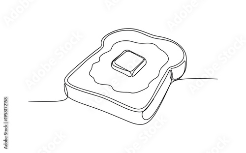 Simple Toast. Minimalistic one-line drawing slice of bread with butter on top ready to eat, continuous single black line on white background, simple outline