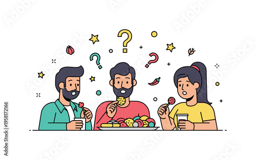 Street food discovery with friends curious friends examining a colorful plate of unfamiliar snacks while question marks, stars, and tiny spice icons express