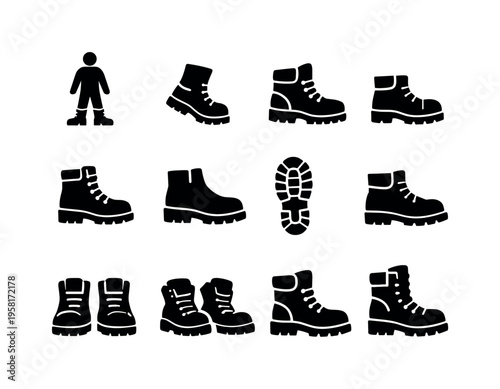 Person in Work Boots. Solid icon set of person in work boots: standing worker boots, walking worker boots, heavy duty work boots, steel toe boots, lace up work