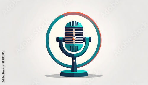 Vintage microphone icon with teal accents in retro cartoon style on a light background