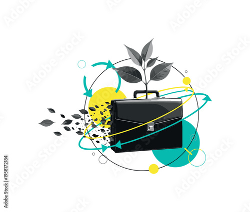 black-and-white briefcase transforming into a plant with leaves, circular arrows and geometric rings surrounding it to symbolize sustainable business cycles,