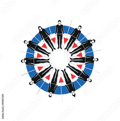 Black and white circle of participants lying in savasana with heads inward, bold cobalt blue circular frame surrounding the formation, red geometric accents