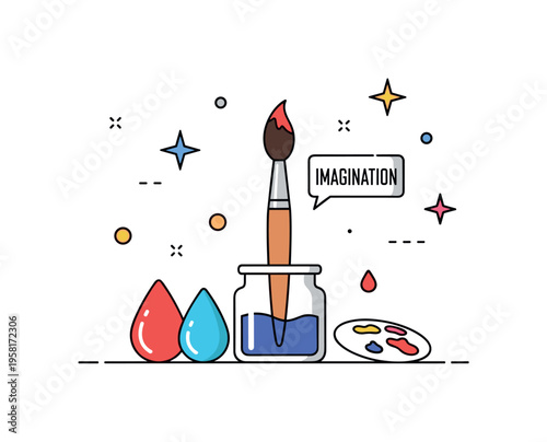 Brush art studio scene with a paintbrush standing in a small jar beside colorful paint drops expressing creative tools and artistic workspace. Decorative stars