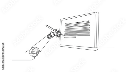 AI Writing Process. Minimalistic one-line drawing robotic arm or computer generating text on screen symbolizing automated content creation, continuous single