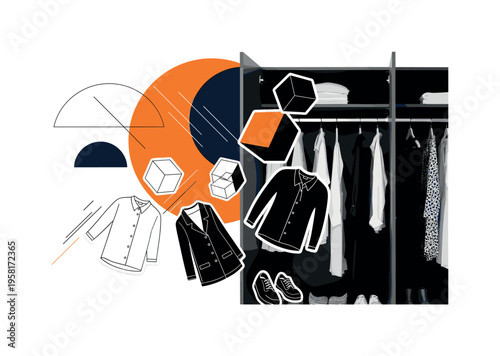 conceptual open closet scene with clothing items floating out of the wardrobe, black and white cut-out clothes with white contour outline, large orange circle