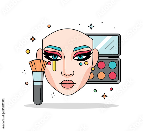 Character makeup tutorial stylized face with dramatic eyeliner and colorful accents while a makeup brush and palette appear nearby suggesting step by step