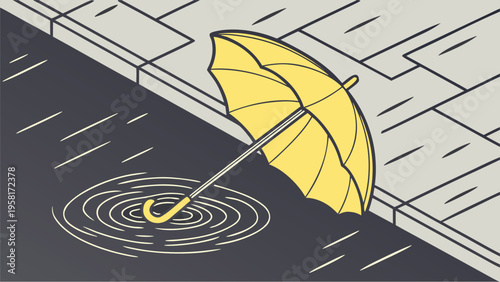 Yellow umbrella lying on a dark wet city sidewalk during a rainy day in a minimalist flat vector illustration with water ripples