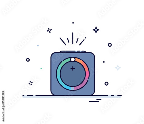 Smart speaker volume control centered on a compact smart speaker with a circular LED ring and tiny sound waves radiating outward. The scene suggests responsive