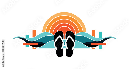 monochrome flip flops placed under stylized sun with abstract wave shapes around them symbolizing beach holidays, layered semicircles and geometric bars