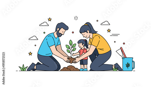 Parents and child planting a sapling family members kneeling near the ground while placing a small tree into the soil and gently covering its roots. The
