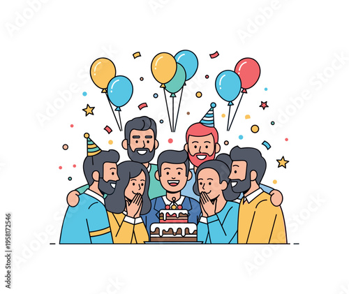 Friends celebrating together around a decorated cake while balloons float above the group and confetti fills the air. The central figure smiles in surprise as