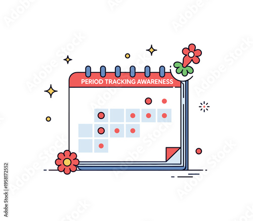 Period tracking awareness calendar page marked with subtle red dots and a small flower icon symbolizing cycle awareness. A clean concept badge about